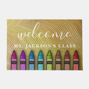 Rainbow Glitter Crayons Teacher Classroom School Doormat