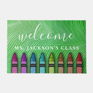 Rainbow Glitter Crayons Teacher Classroom School Doormat