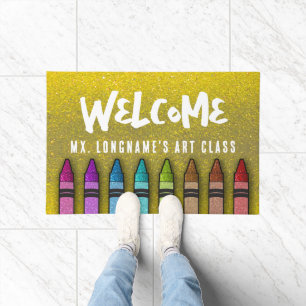 Rainbow Glitter Crayons Teacher Classroom School Doormat