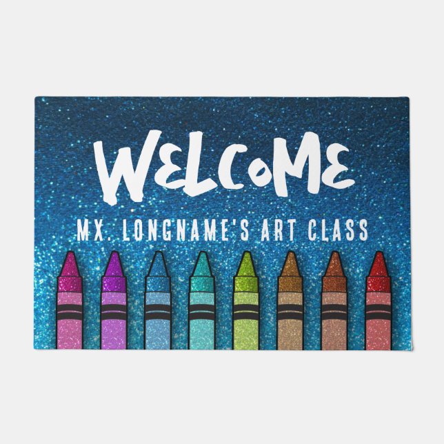 Rainbow Glitter Crayons Teacher Classroom School Doormat (Front)