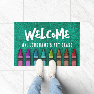Rainbow Glitter Crayons Teacher Classroom School Doormat