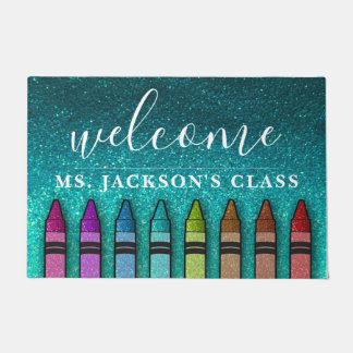 Rainbow Glitter Crayons Teacher Classroom School Doormat
