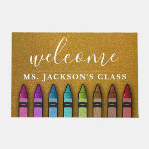 Rainbow Glitter Crayons Teacher Classroom School Doormat