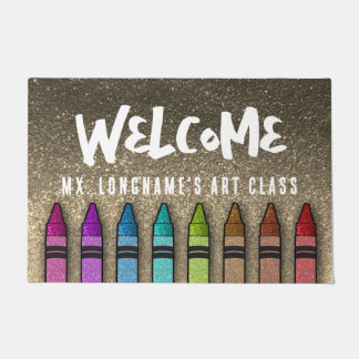 Rainbow Glitter Crayons Teacher Classroom School Doormat