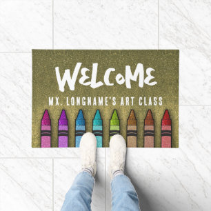 Rainbow Glitter Crayons Teacher Classroom School Doormat