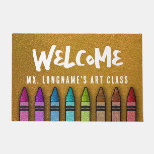 Rainbow Glitter Crayons Teacher Classroom School Doormat