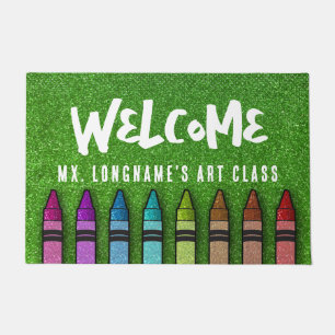 Rainbow Glitter Crayons Teacher Classroom School Doormat