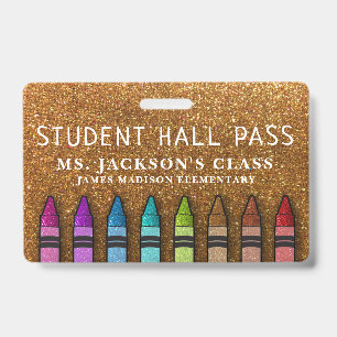 Rainbow Glitter Crayons Teacher School Hall Pass ID Badge