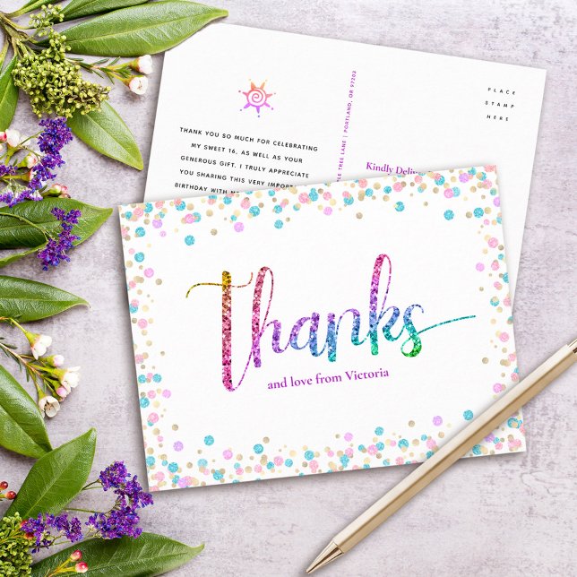 Rainbow Glitter Dots Sweet 16 Birthday Thank You Postcard (Creator Uploaded)