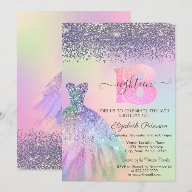 Rainbow Glitter Dress Diamonds 18th Birthday Invitation (Front/Back)