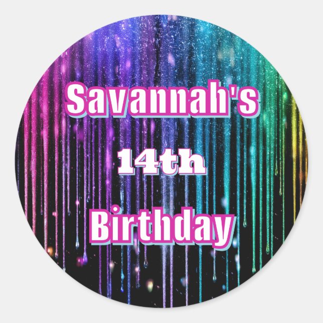 Rainbow Glitter Drip Birthday Party Classic Round Sticker (Front)