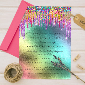 Rainbow Glitter Drip Bridal 16th Unicorn Invitation