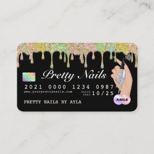 Rainbow Glitter Drip Holographic Nail Tech Credit Business Card