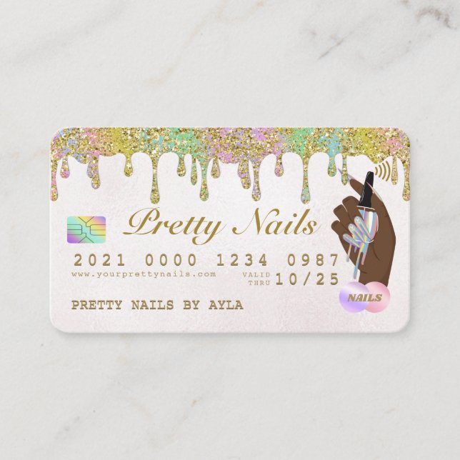 Rainbow Glitter Drip Holographic Nail Tech Credit  Business Card (Front)