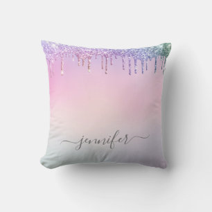 Rainbow Glitter Dripping Glam With Monogram Cushion