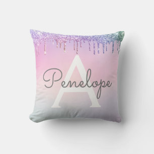 Rainbow Glitter Dripping Glam With Monogram Cushion