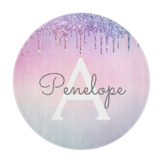 Rainbow Glitter Dripping Glam With Monogram Cutting Board (Front)