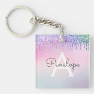 Rainbow Glitter Dripping Glam With Monogram Key Ring