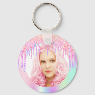 Rainbow glitter drips custom photo pink key ring