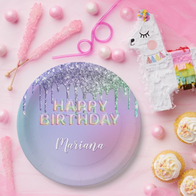 Rainbow Glitter Drips Girl Birthday Party Paper Plate (Party)