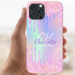 Rainbow glitter drips pink monogram iPhone 15 case<br><div class="desc">A trendy holographic background with unicorn and rainbow pastel colours in pink, purple, rose gold, mint green. Decorated with faux glitter drips in rose gold, pink and purple. Personalise and add a name, and monogram initials Purple and white coloured letters. A bit of everyday glam to brighten up your day!...</div>