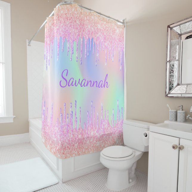Rainbow glitter drips pink monogram shower curtain (In Situ)