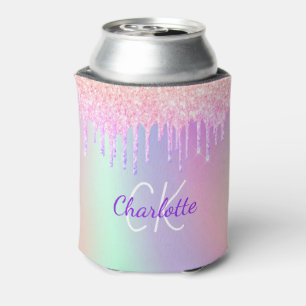 Rainbow glitter drips pink monogram sparkle can cooler