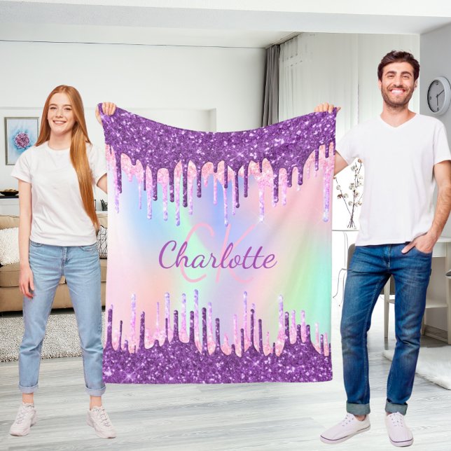Rainbow glitter drips purple pink monogram script fleece blanket (Creator Uploaded)