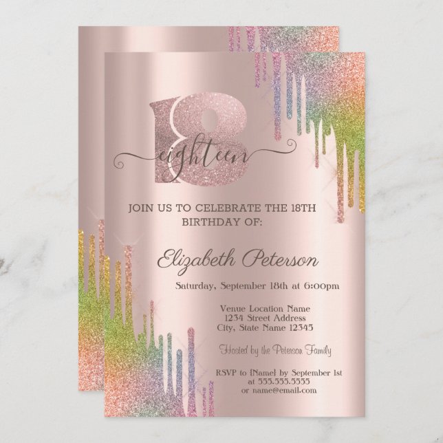 Rainbow Glitter Drips Rose Gold 18th Birthday  Invitation (Front/Back)