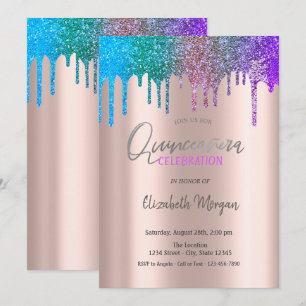 Rainbow Glitter Drips Rose Gold  Quinceañera Invitation