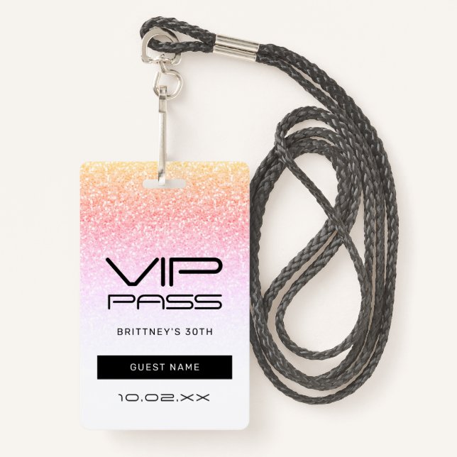Rainbow Glitter Glam VIP Pass 30th Invitation ID Badge (Front with Lanyard)