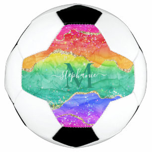 Rainbow Glitter Gold Agate Monogram Football