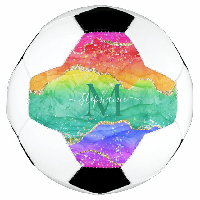Rainbow Glitter Gold Agate Monogram Football (Front)