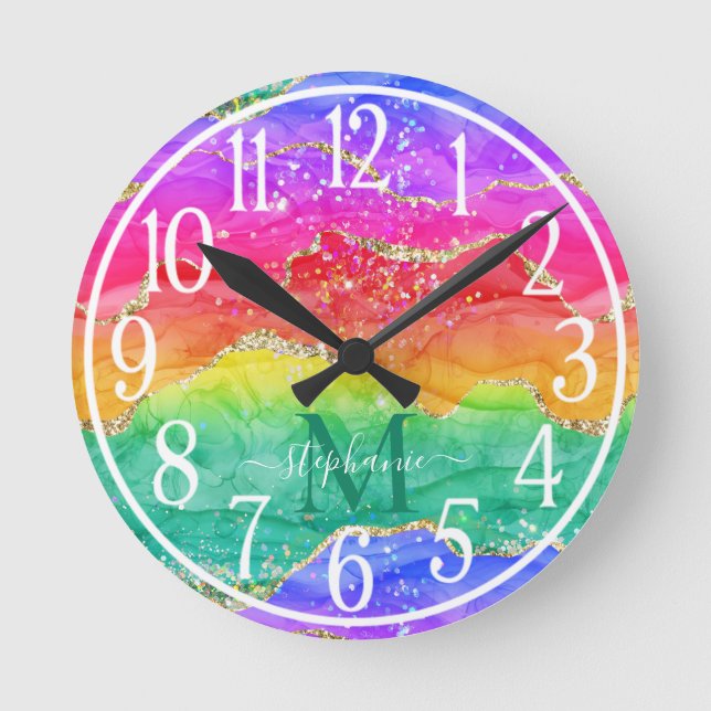 Rainbow Glitter Gold Agate Monogram Round Clock (Front)