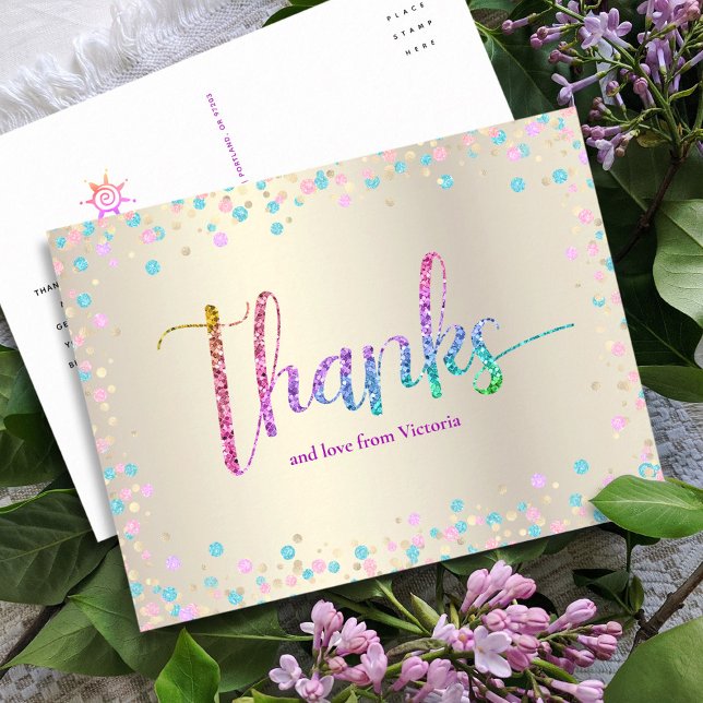 Rainbow Glitter Gold Sweet 16 Birthday Thank You Postcard (Creator Uploaded)