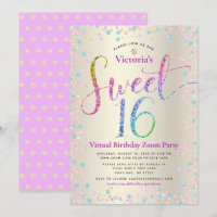 Rainbow Glitter Gold Virtual Sweet 16 Birthday