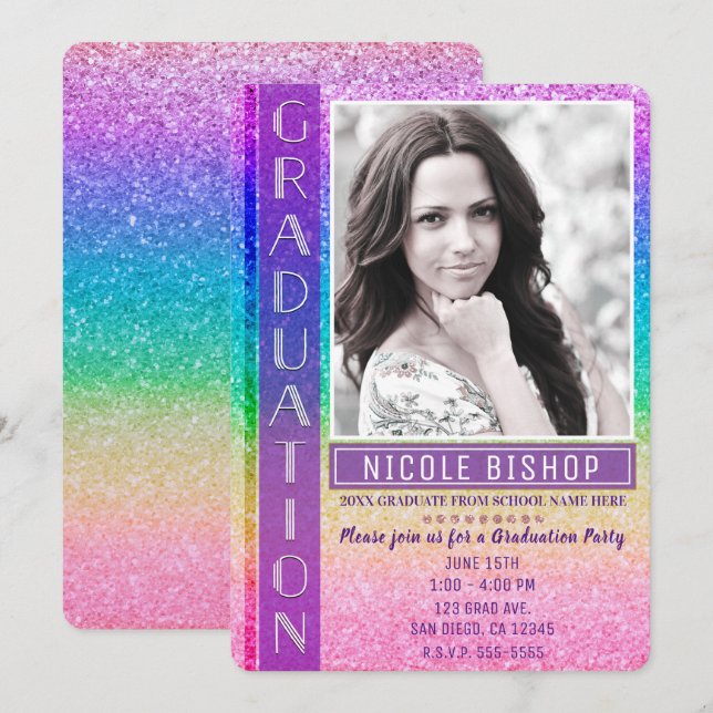 Rainbow Glitter Graduation Party Graduate Photo Invitation (Front/Back)