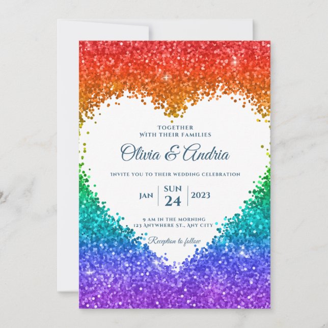 Rainbow Glitter Heart frame gay pride wedding Invitation (Front)