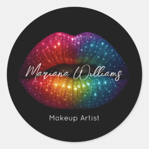 rainbow glitter lips makeup artist black business classic round sticker