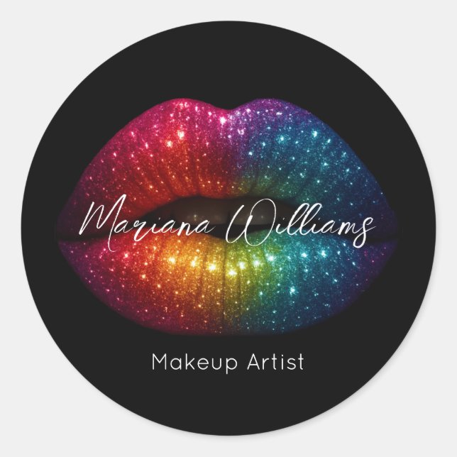rainbow glitter lips makeup artist black business classic round sticker (Front)