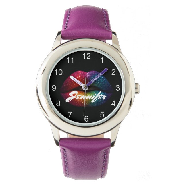 rainbow glitter lips personalised girly stylish  watch (Front)