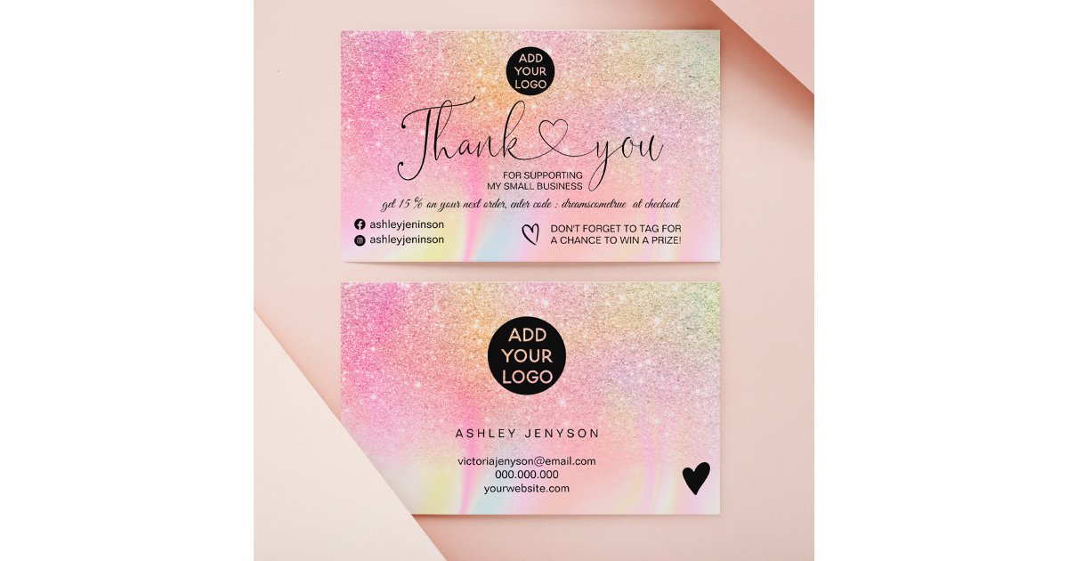 Rainbow glitter marble logo order thank you business card | Zazzle