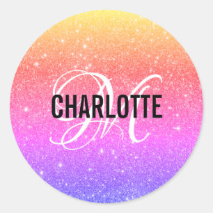 Rainbow Glitter Monogram Name Classic Round Sticker
