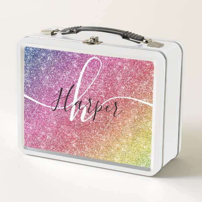 Rainbow Glitter Monogram Name Metal Lunch Box (Front)