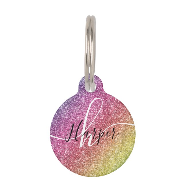 Rainbow Glitter Monogram Name Pet Tag (Front)