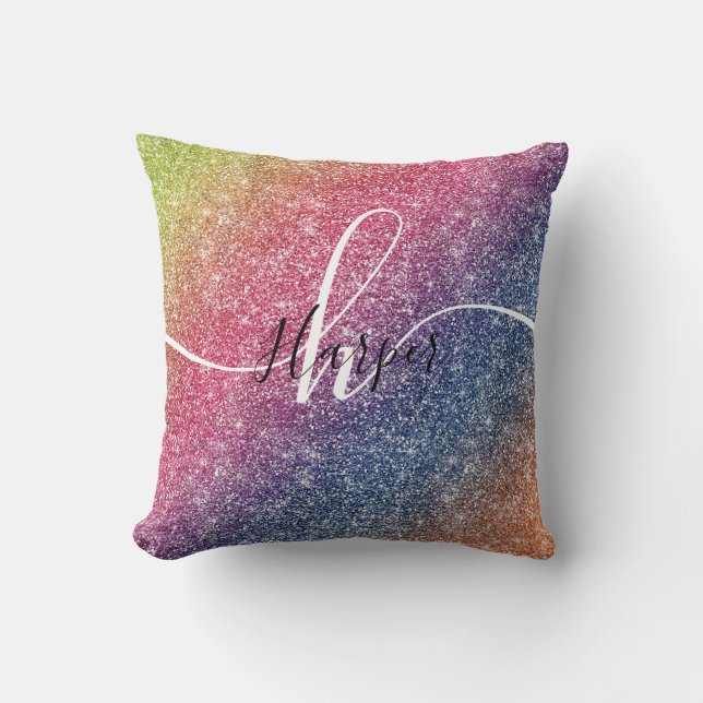 Rainbow Glitter Monogram Name Throw Cushion (Front)