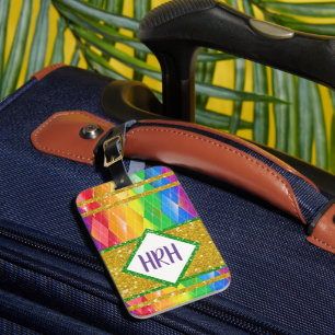 Rainbow Glitter Monogram Pride Argyle Diamond Luggage Tag