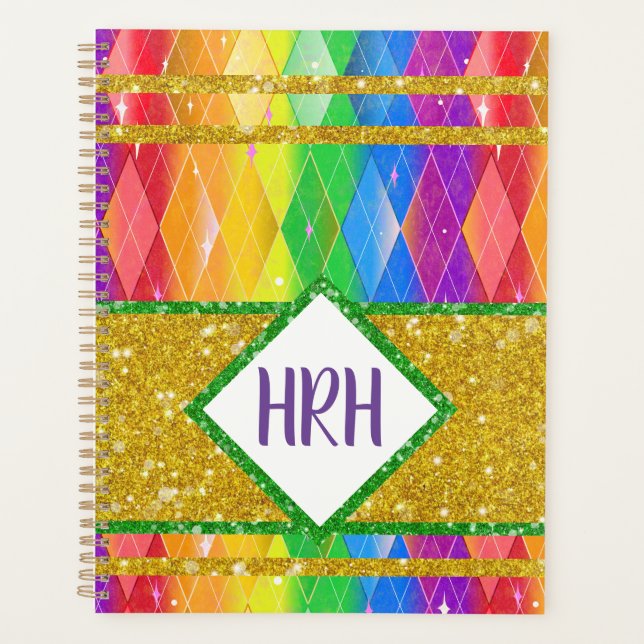Rainbow Glitter Monogram Pride Argyle Diamond Planner (Front)