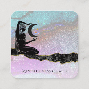 *~* Rainbow Glitter Moon QR code GODDESS Meditate Square Business Card