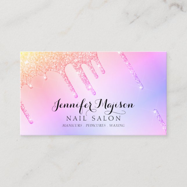 Rainbow Glitter Nail Polish Drips Modern Salon Business Card (Front)